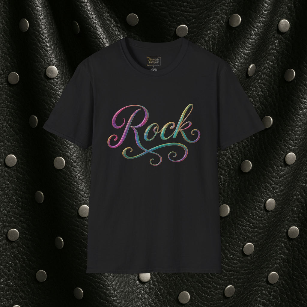 Rock Script T‑Shirt — Rainbow Retro Calligraphy Tee